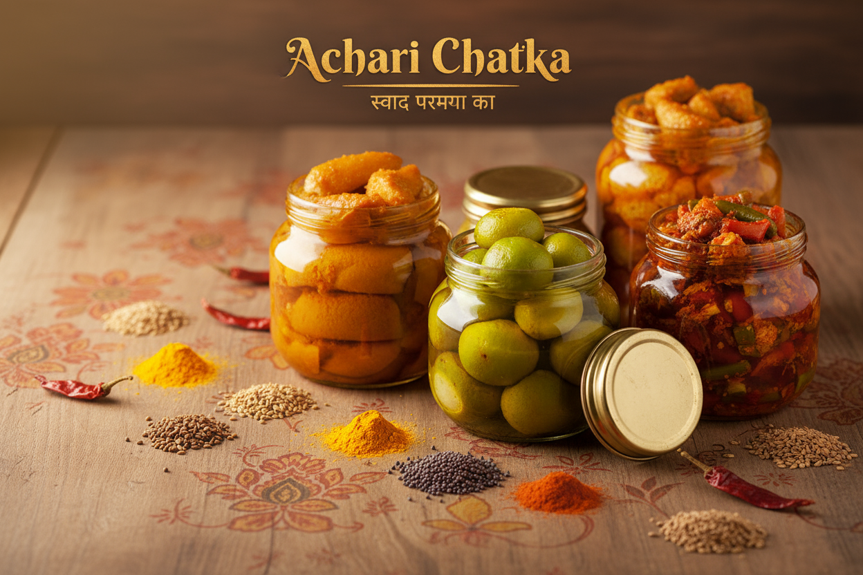 Generate the image for website background related to pickles brand Achari Chatka. Mention the company in the image.